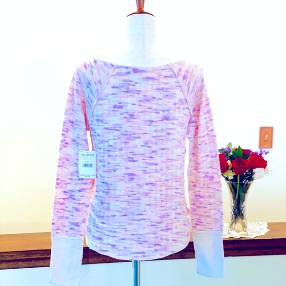 🌸Free People Long sleeve Thermal Knit Top w/Thumbholes, Size L, Pink Combo NWT - Picture 5 of 7